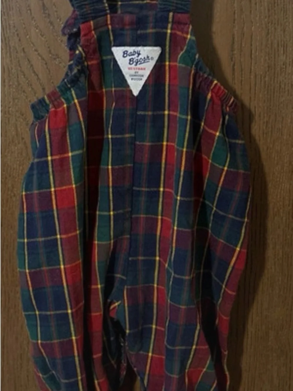 Vintage paper tag OshKosh B'gosh Plaid Overalls in Red, Green & Navy